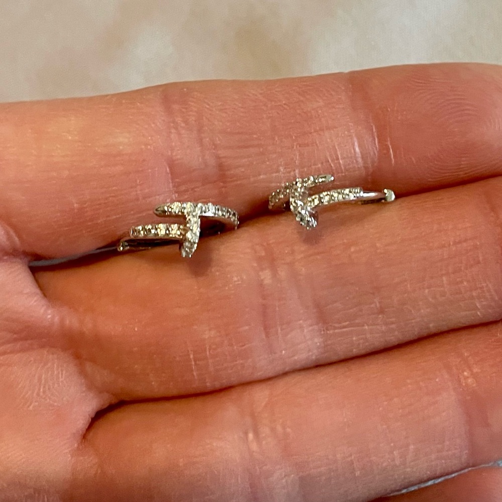 Sterling Silver Pave CZ Nail Hoops Huggies - Picture 2 of 7